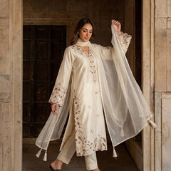 Pure Roman Glass With Embroidery Sequence Work, Fancy Belly Sleeves, Cutwork, And Tassels Kaftan Suit Set