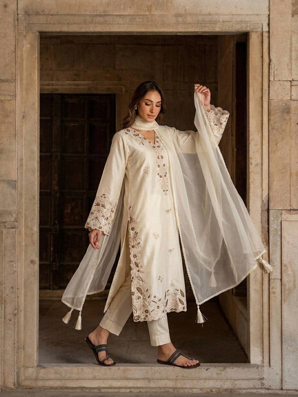 Pure Roman Glass With Embroidery Sequence Work, Fancy Belly Sleeves, Cutwork, And Tassels Kaftan Suit Set