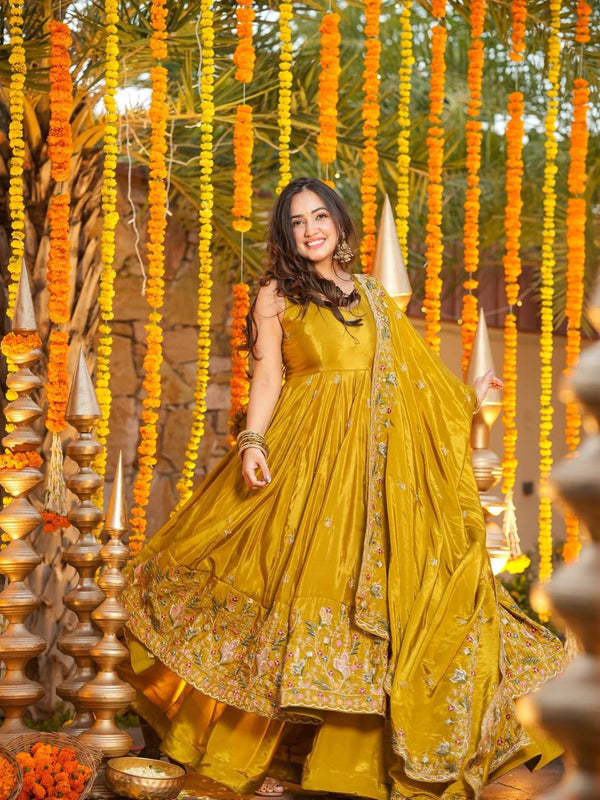 Heavy Natural Crep Silk With Sequence And Heavy Embroidery Work Anarkali Suit