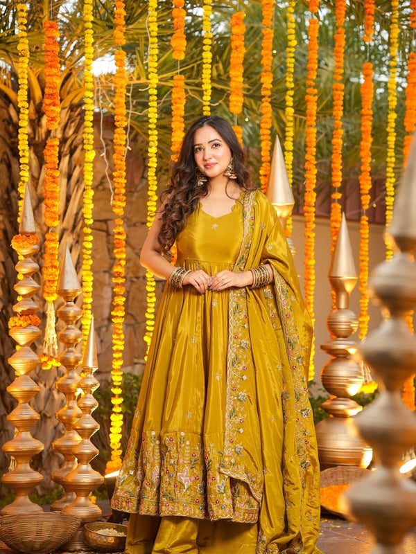 Heavy Natural Crep Silk With Sequence And Heavy Embroidery Work Anarkali Suit