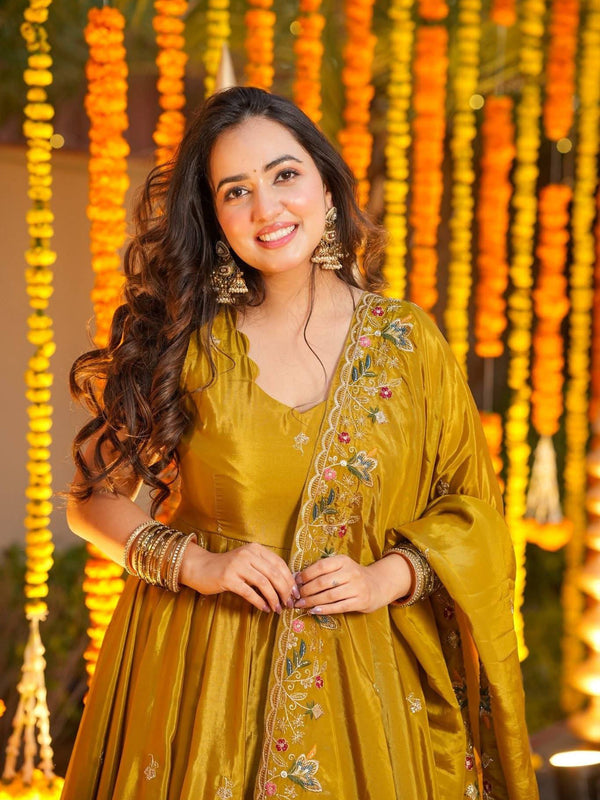 Heavy Natural Crep Silk With Sequence And Heavy Embroidery Work Anarkali Suit
