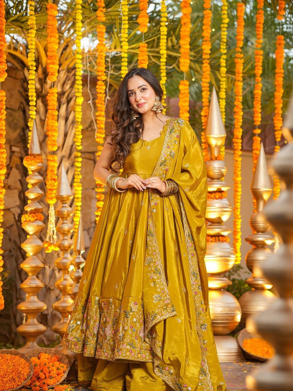 Heavy Natural Crep Silk With Sequence And Heavy Embroidery Work Anarkali Suit