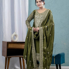 Pure Heavy Chinnon Silk With Heavy Embroidery Coding Sequence Work Suit Set