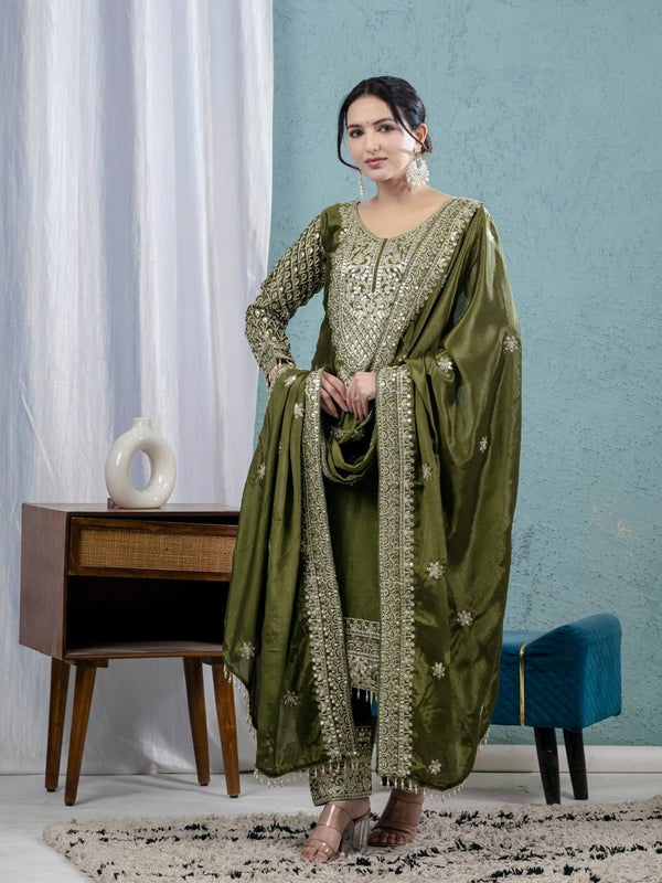 Pure Heavy Chinnon Silk With Heavy Embroidery Coding Sequence Work Suit Set