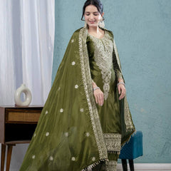 Pure Heavy Chinnon Silk With Heavy Embroidery Coding Sequence Work Suit Set
