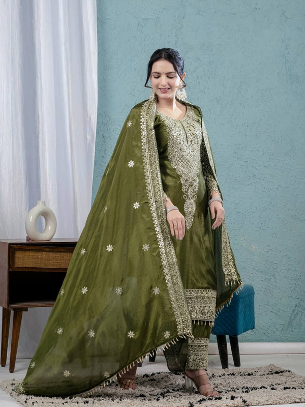 Pure Heavy Chinnon Silk With Heavy Embroidery Coding Sequence Work Suit Set