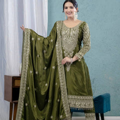 Pure Heavy Chinnon Silk With Heavy Embroidery Coding Sequence Work Suit Set
