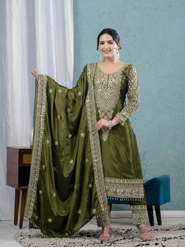 Pure Heavy Chinnon Silk With Heavy Embroidery Coding Sequence Work Suit Set