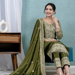 Pure Heavy Chinnon Silk With Heavy Embroidery Coding Sequence Work Suit Set