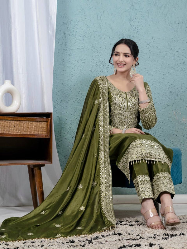 Pure Heavy Chinnon Silk With Heavy Embroidery Coding Sequence Work Suit Set