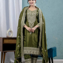 Pure Heavy Chinnon Silk With Heavy Embroidery Coding Sequence Work Suit Set