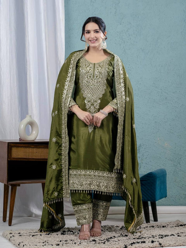 Pure Heavy Chinnon Silk With Heavy Embroidery Coding Sequence Work Suit Set