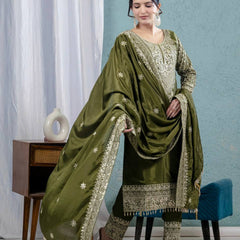 Pure Heavy Chinnon Silk With Heavy Embroidery Coding Sequence Work Suit Set
