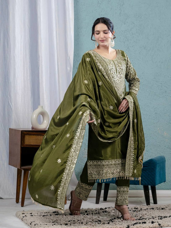 Pure Heavy Chinnon Silk With Heavy Embroidery Coding Sequence Work Suit Set