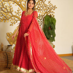 Heavy Bandhej Print Faux Georgette With Fancy Sleeves And Tassels Anarkali Gown Suit Set