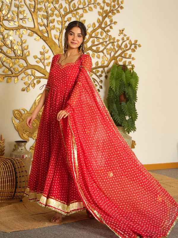 Heavy Bandhej Print Faux Georgette With Fancy Sleeves And Tassels Anarkali Gown Suit Set