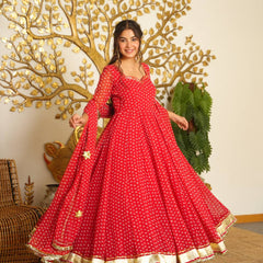 Heavy Bandhej Print Faux Georgette With Fancy Sleeves And Tassels Anarkali Gown Suit Set
