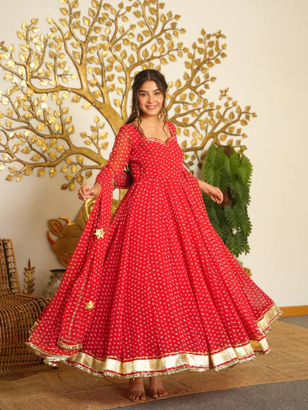 Heavy Bandhej Print Faux Georgette With Fancy Sleeves And Tassels Anarkali Gown Suit Set