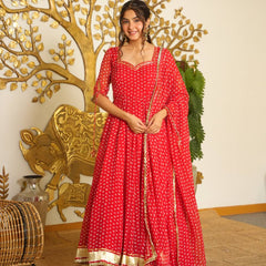 Heavy Bandhej Print Faux Georgette With Fancy Sleeves And Tassels Anarkali Gown Suit Set