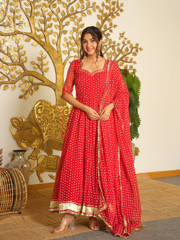 Heavy Bandhej Print Faux Georgette With Fancy Sleeves And Tassels Anarkali Gown Suit Set