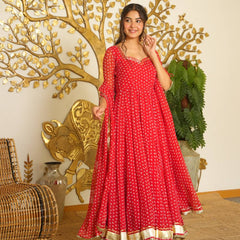 Heavy Bandhej Print Faux Georgette With Fancy Sleeves And Tassels Anarkali Gown Suit Set