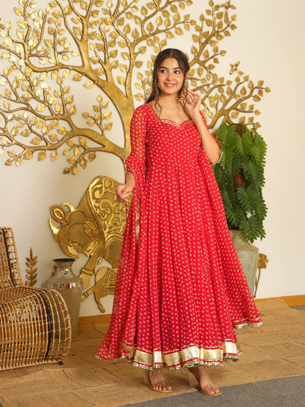 Heavy Bandhej Print Faux Georgette With Fancy Sleeves And Tassels Anarkali Gown Suit Set