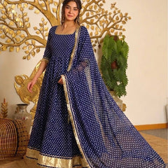 Heavy Bandhej Print Faux Georgette With Fancy Sleeves And Tassels Anarkali Gown Suit Set