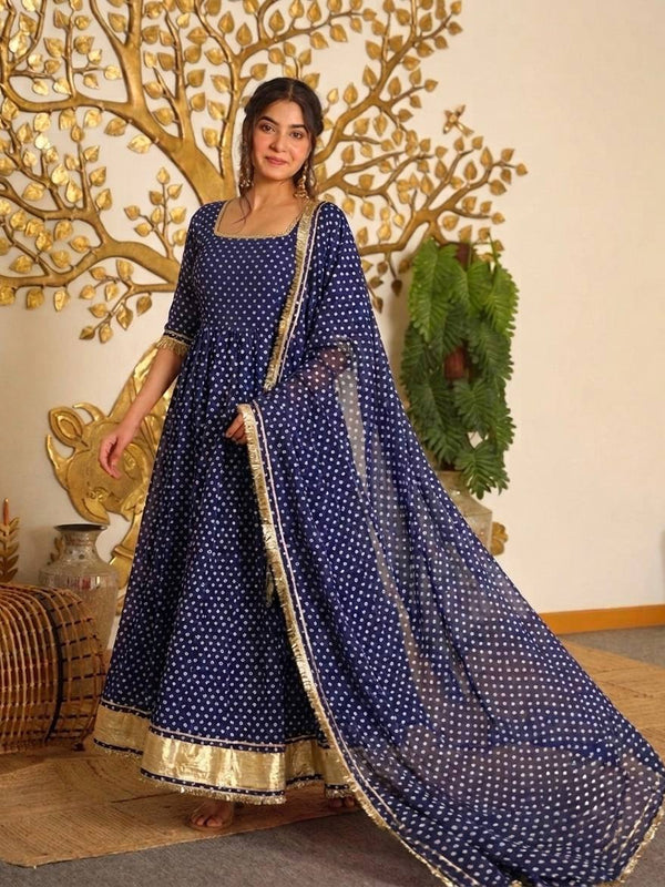 Heavy Bandhej Print Faux Georgette With Fancy Sleeves And Tassels Anarkali Gown Suit Set