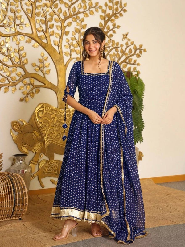 Heavy Bandhej Print Faux Georgette With Fancy Sleeves And Tassels Anarkali Gown Suit Set