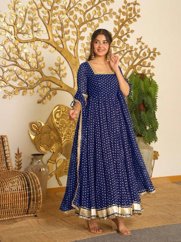 Heavy Bandhej Print Faux Georgette With Fancy Sleeves And Tassels Anarkali Gown Suit Set