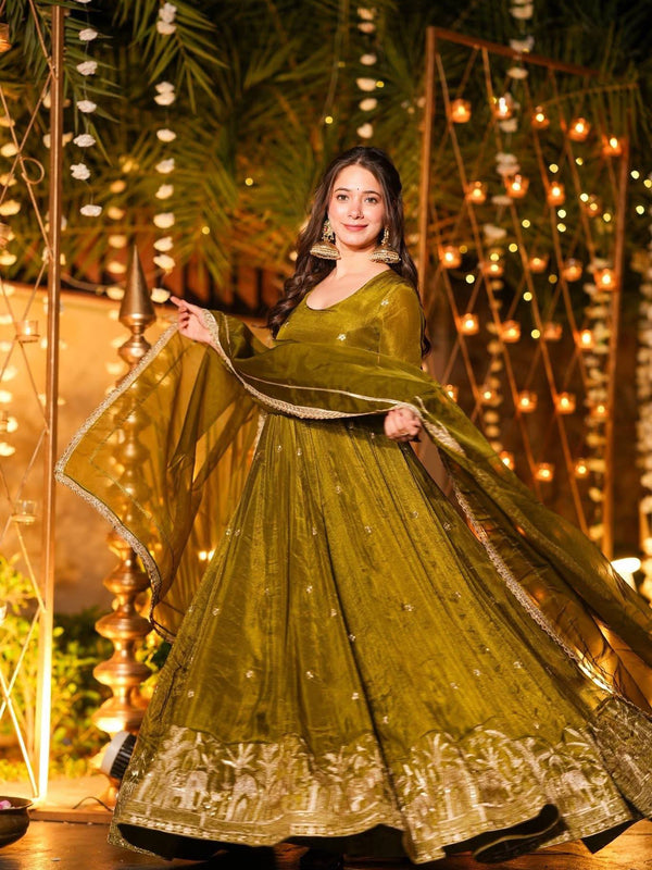 Heavy Crunchy Silk With Sequence And Embroidery Work Designer Anarkali Suit