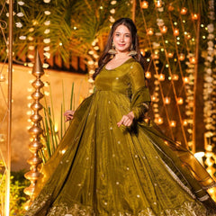 Heavy Crunchy Silk With Sequence And Embroidery Work Designer Anarkali Suit