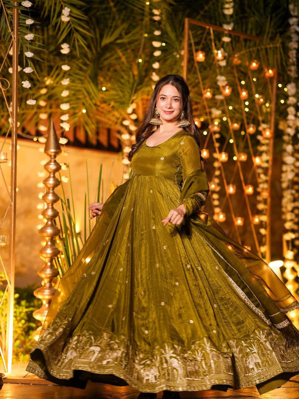 Heavy Crunchy Silk With Sequence And Embroidery Work Designer Anarkali Suit