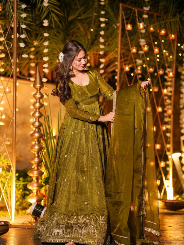 Heavy Crunchy Silk With Sequence And Embroidery Work Designer Anarkali Suit