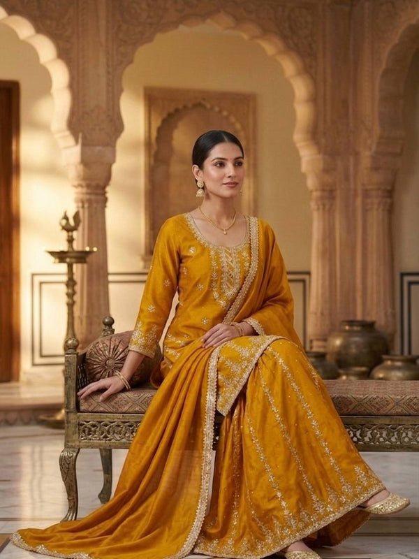 Pure Heavy Chinnon Silk Sharara Palazzo Suit Set