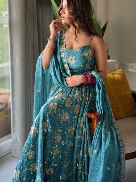 Heavy Crushi Silk With Bids Hand Work and Embroidery Work Anarkali Suit
