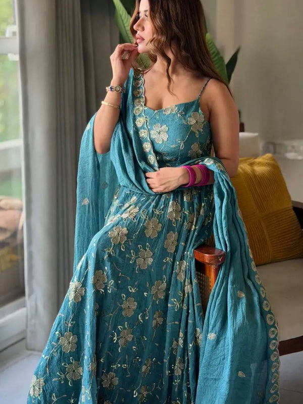 Heavy Crushi Silk With Bids Hand Work and Embroidery Work Anarkali Suit