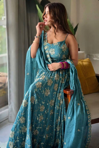 Heavy Crushi Silk With Bids Hand Work and Embroidery Work Anarkali Suit