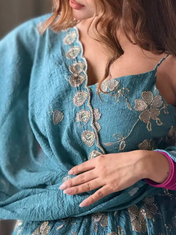 Heavy Crushi Silk With Bids Hand Work and Embroidery Work Anarkali Suit
