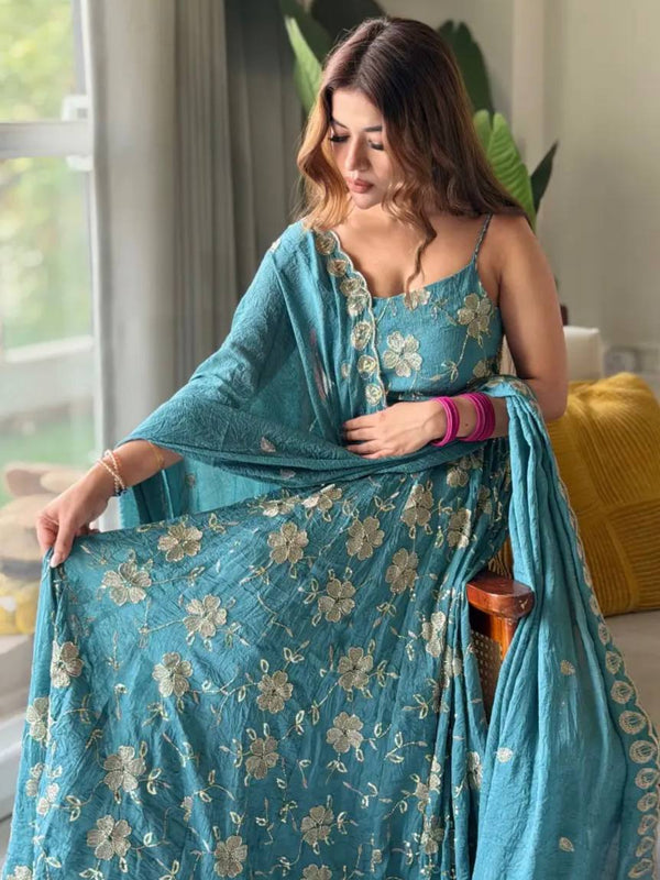 Heavy Crushi Silk With Bids Hand Work and Embroidery Work Anarkali Suit