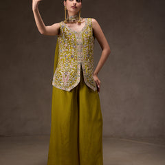 Women Black Floral Embroidered Chinnon Kurta Sharara Set with Dupatta