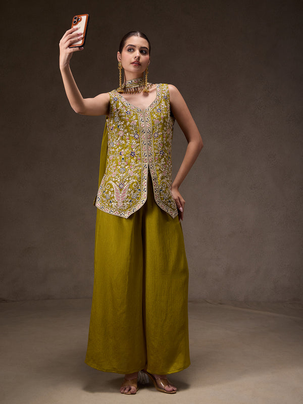 Women Black Floral Embroidered Chinnon Kurta Sharara Set with Dupatta