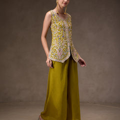 Women Olive Green Floral Embroidered Chinnon Kurta Sharara Set with Dupatta