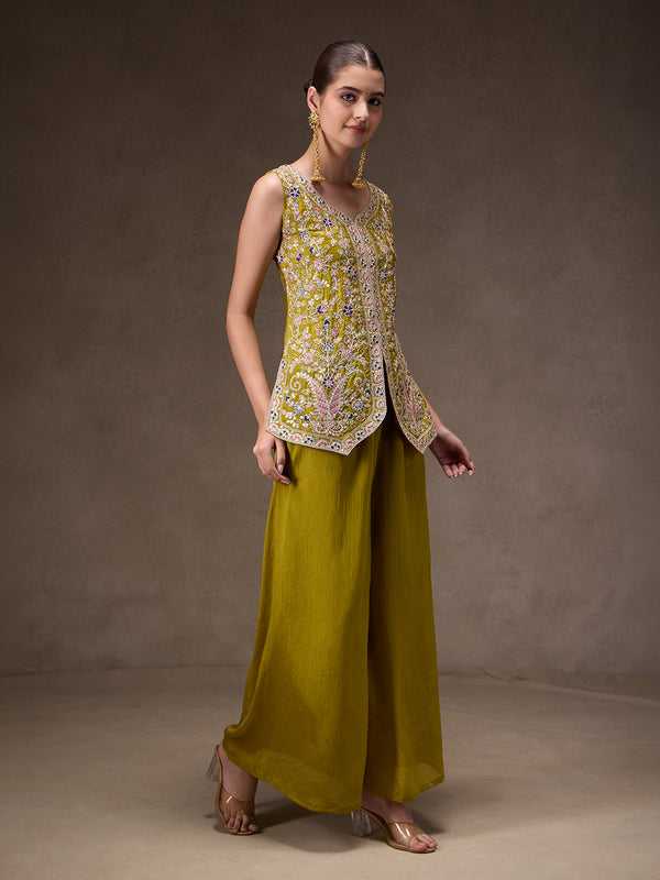 Women Olive Green Floral Embroidered Chinnon Kurta Sharara Set with Dupatta