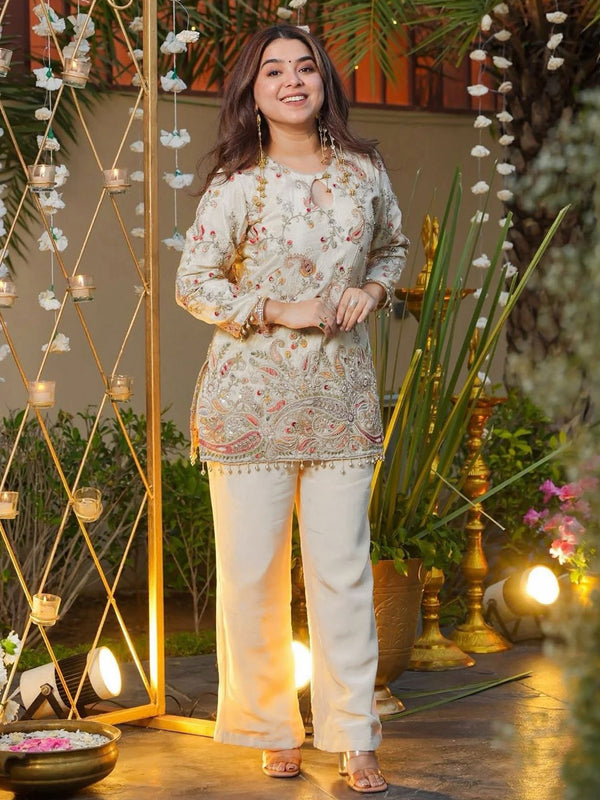 Heavy Crepe Silk With Embroidery Top Bottom Suit Set
