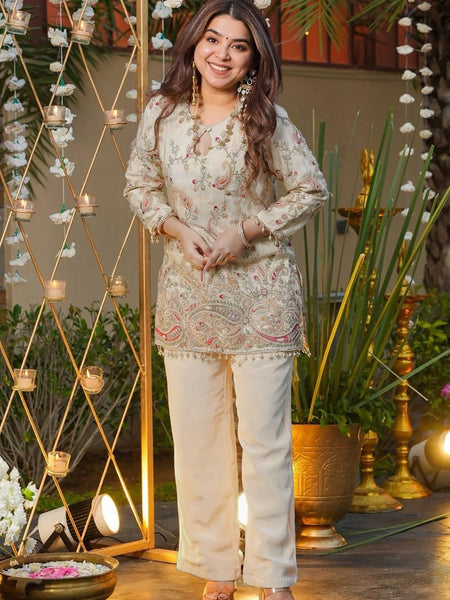 Heavy Crepe Silk With Embroidery Top Bottom Suit Set