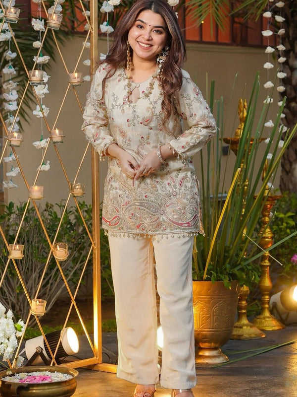 Heavy Crepe Silk With Embroidery Top Bottom Suit Set