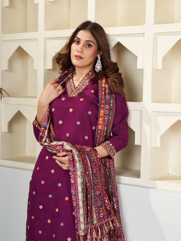 Viscose Chanderi With Embroidery Kurti Pant Set With Dupatta