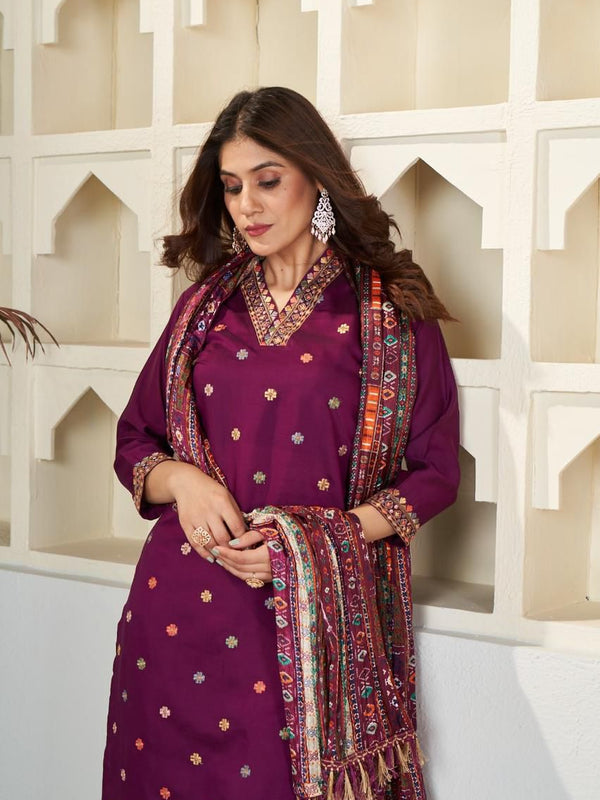 Viscose Chanderi With Embroidery Kurti Pant Set With Dupatta