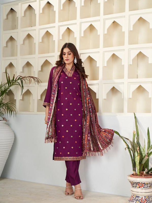 Viscose Chanderi With Embroidery Kurti Pant Set With Dupatta